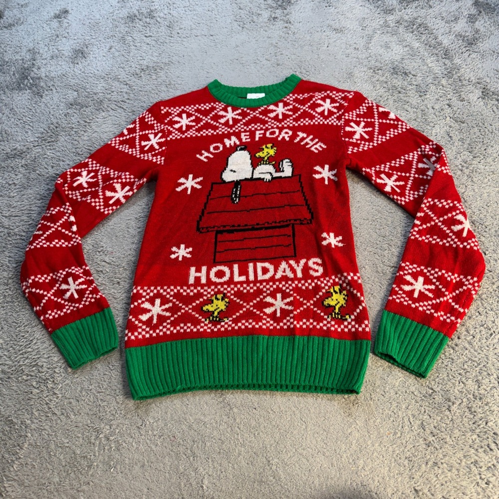 Peanuts Unisex Snoopy Home For The Holidays Christmas Sweater XS Red Green Knit